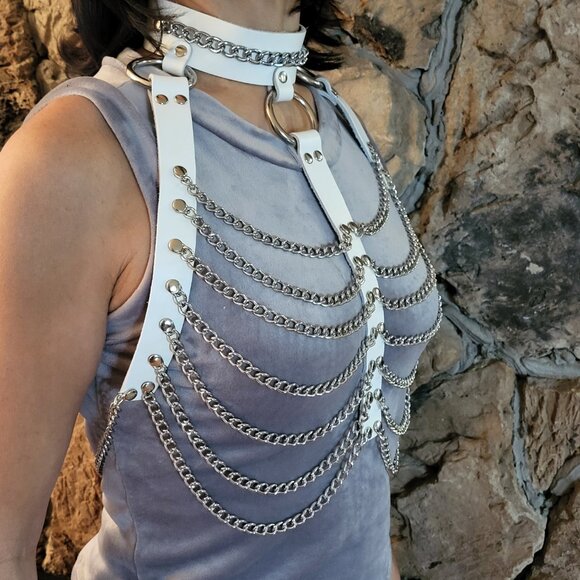 Goth Chain Leather Body Harness Necklace Cosplay Festival Bra - Picture 9 of 9